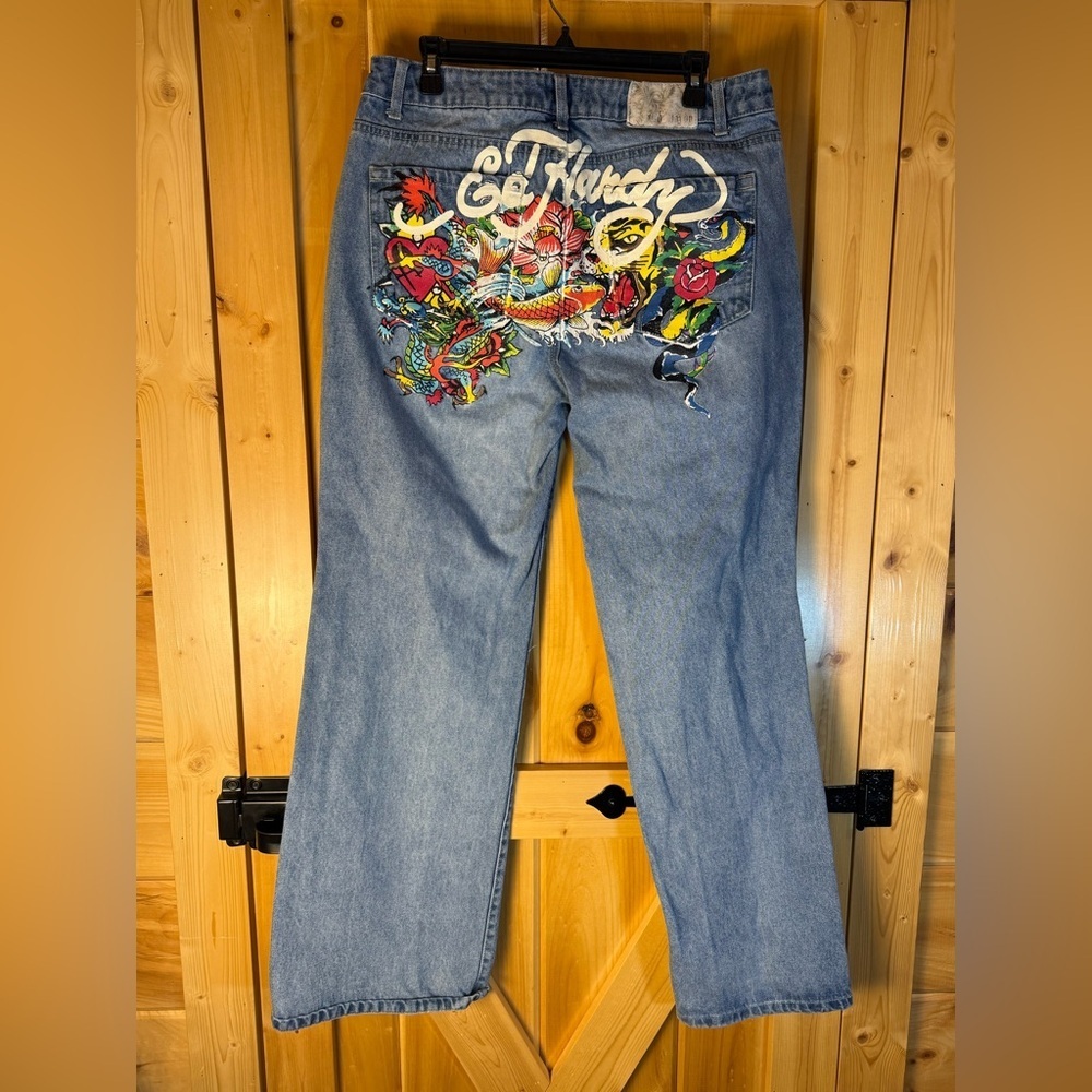 Ed Hardy Y2K Tattoo Dragon PaintedTiger Koi Fish Oversized Wide Leg Jeans  32 - Picture 4 of 9